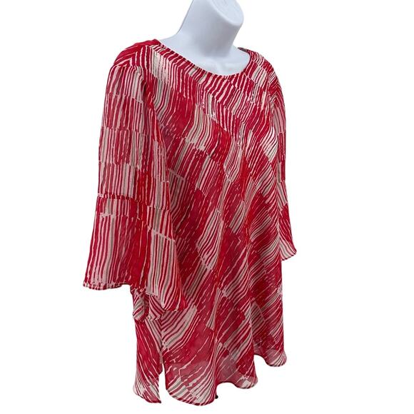 Nic+Zoe Blouse Womens S Red White Printed Split Bell Sleeve Built In Under-Tank - Picture 2 of 6
